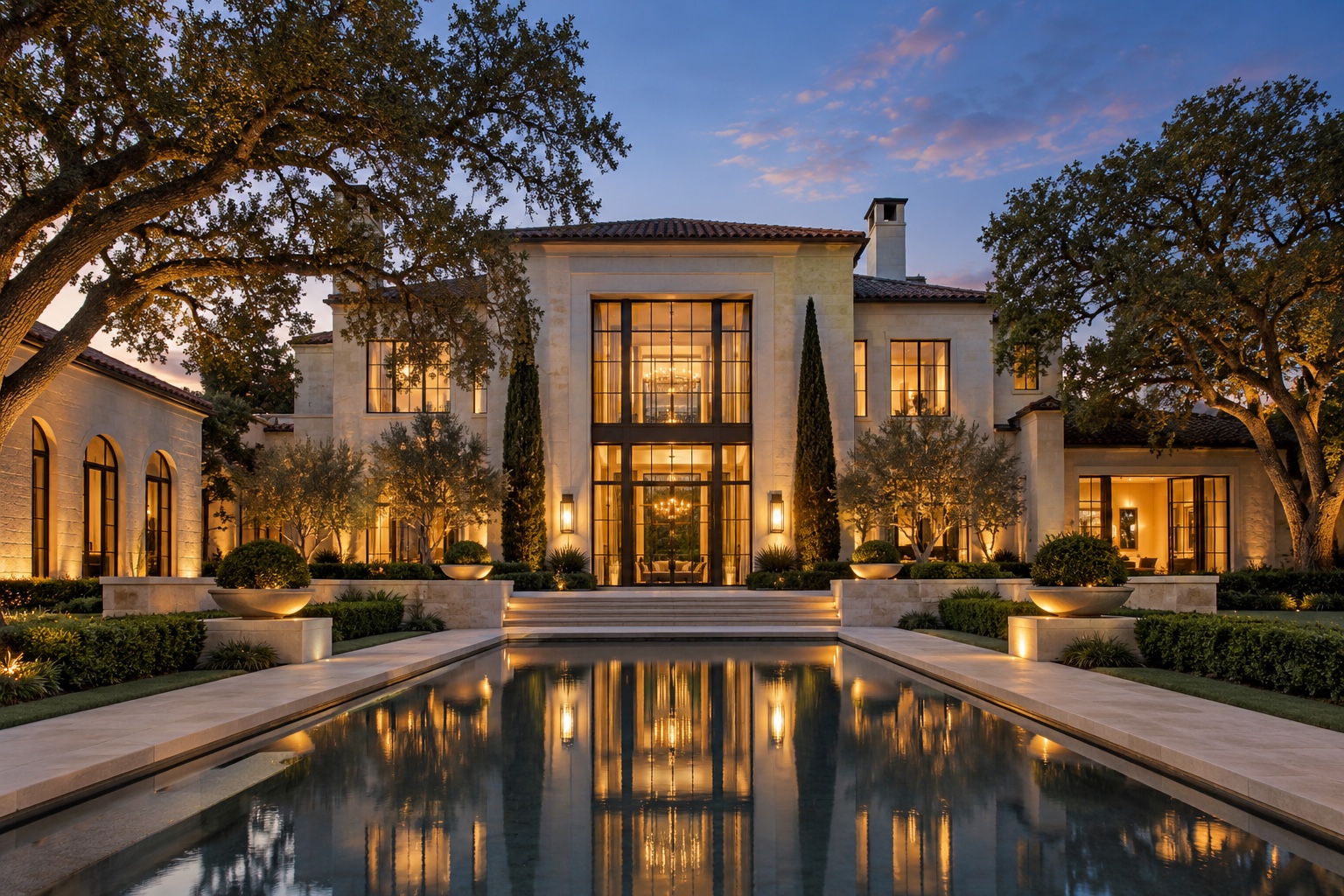 Illustrative limestone luxury estate with a reflecting pool at dusk