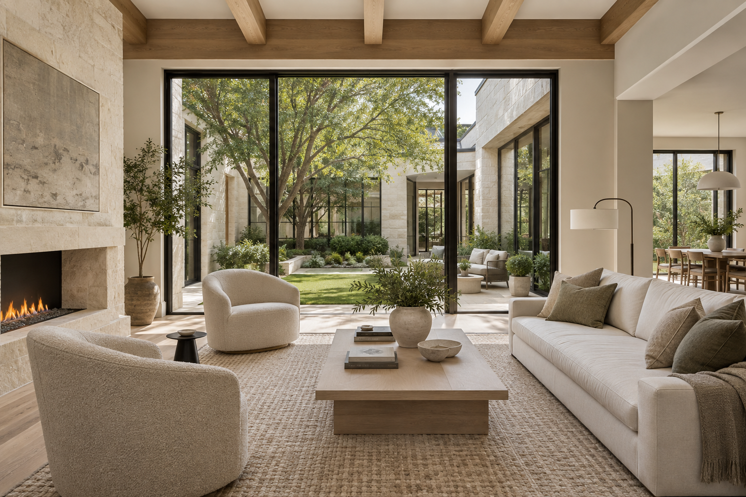 Illustrative refined residential interior with natural stone and warm finishes